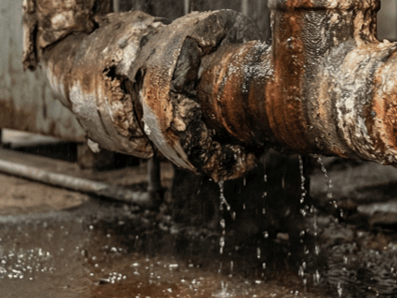 老朽化した配管からの漏れや腐食が進行している